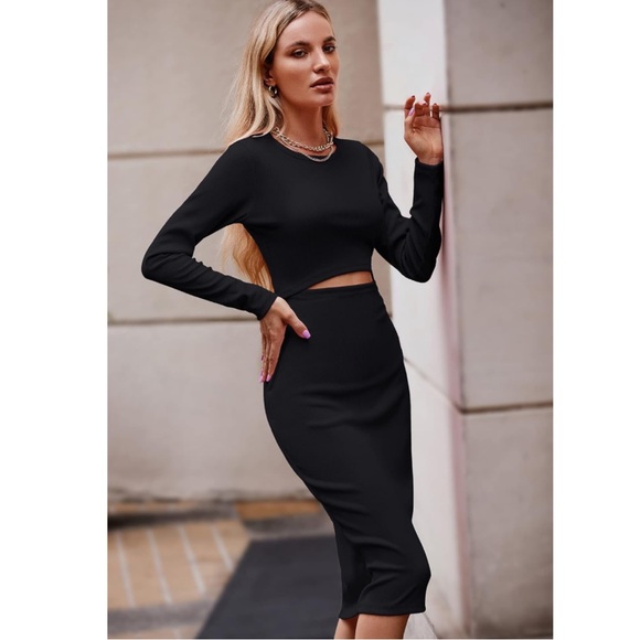 Womens Black Crewneck Pencil Fitted Bodycon Party Dress Size Large - Picture 3 of 6
